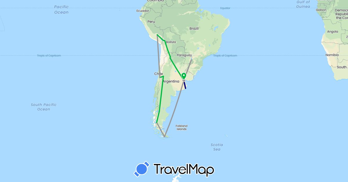 TravelMap itinerary: driving, bus, plane in Argentina, Bolivia, Chile, Peru (South America)